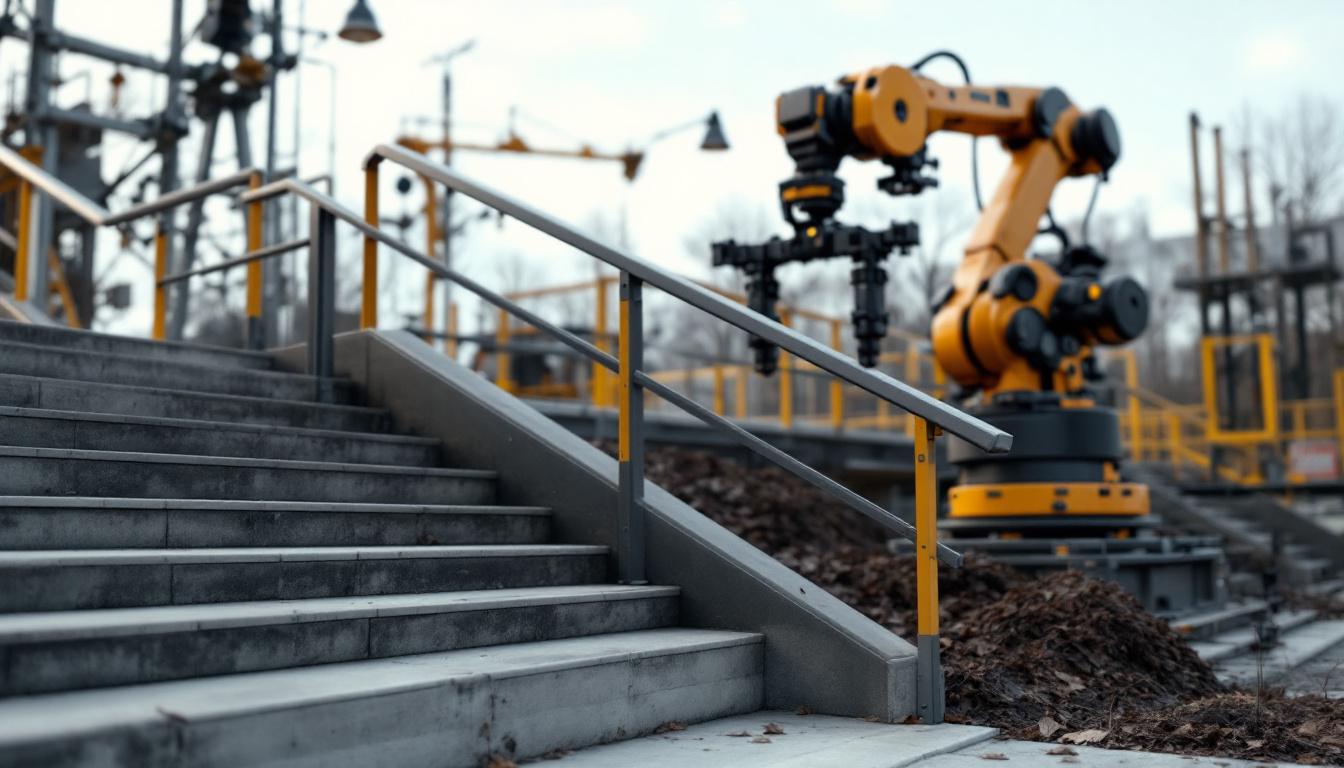 A photograph of a dynamic outdoor scene showcasing a robust set of metal rails installed alongside a set of outdoor steps