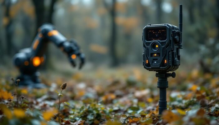 A photograph of a wifi-enabled deer camera set up in a natural outdoor setting