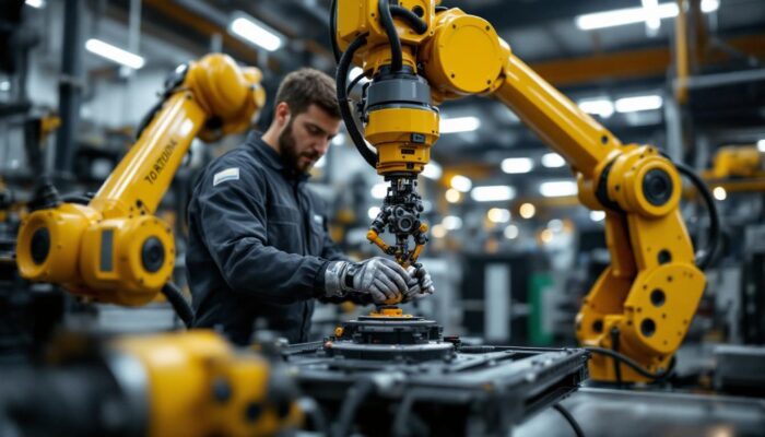 A photograph of a skilled technician working on an industrial robotic arm in a modern workshop setting