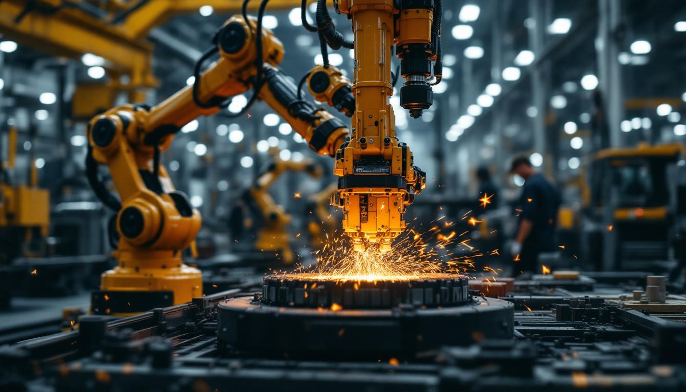 A photograph of a dynamic industrial setting showcasing a robotic arm in action