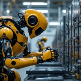 A photograph of a dynamic scene featuring the atlas robot in action