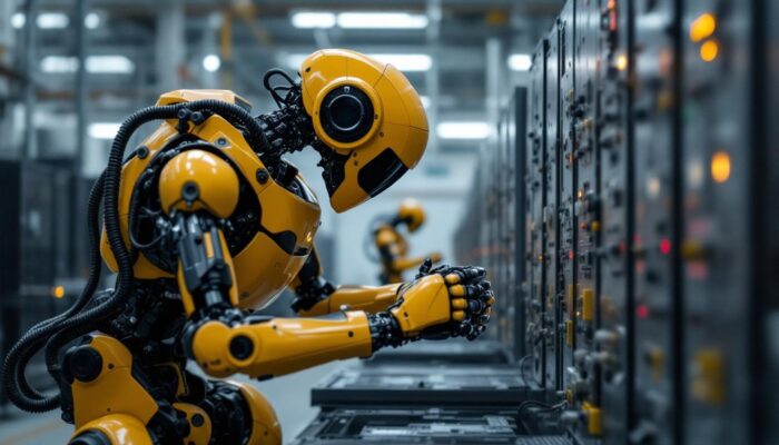 A photograph of a dynamic scene featuring the atlas robot in action