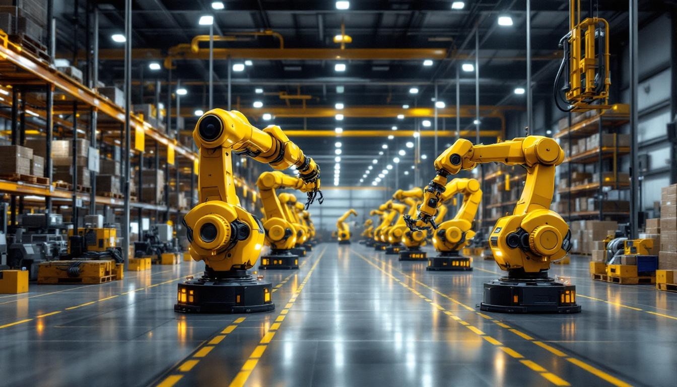 A photograph of a dynamic warehouse environment showcasing advanced 3d technology and industrial robots in action