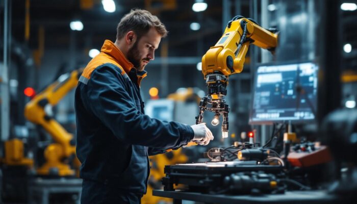 A photograph of a dynamic industrial workspace showcasing a skilled engineer interacting with advanced robotic systems