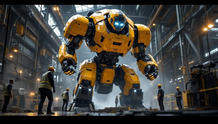 A photograph of a colossal industrial robot in action