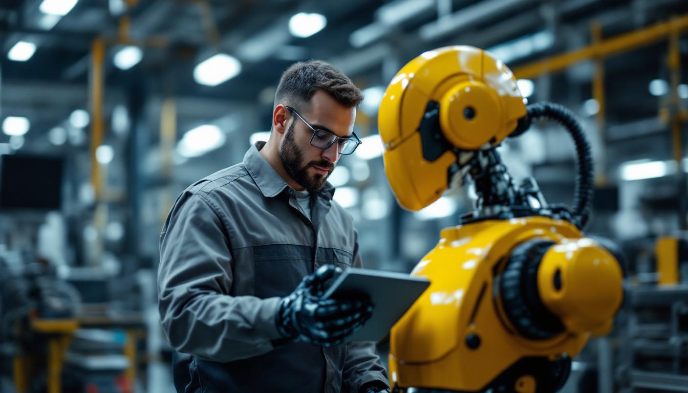 A photograph of a skilled mechanical engineer working alongside an industrial robot in a modern manufacturing setting