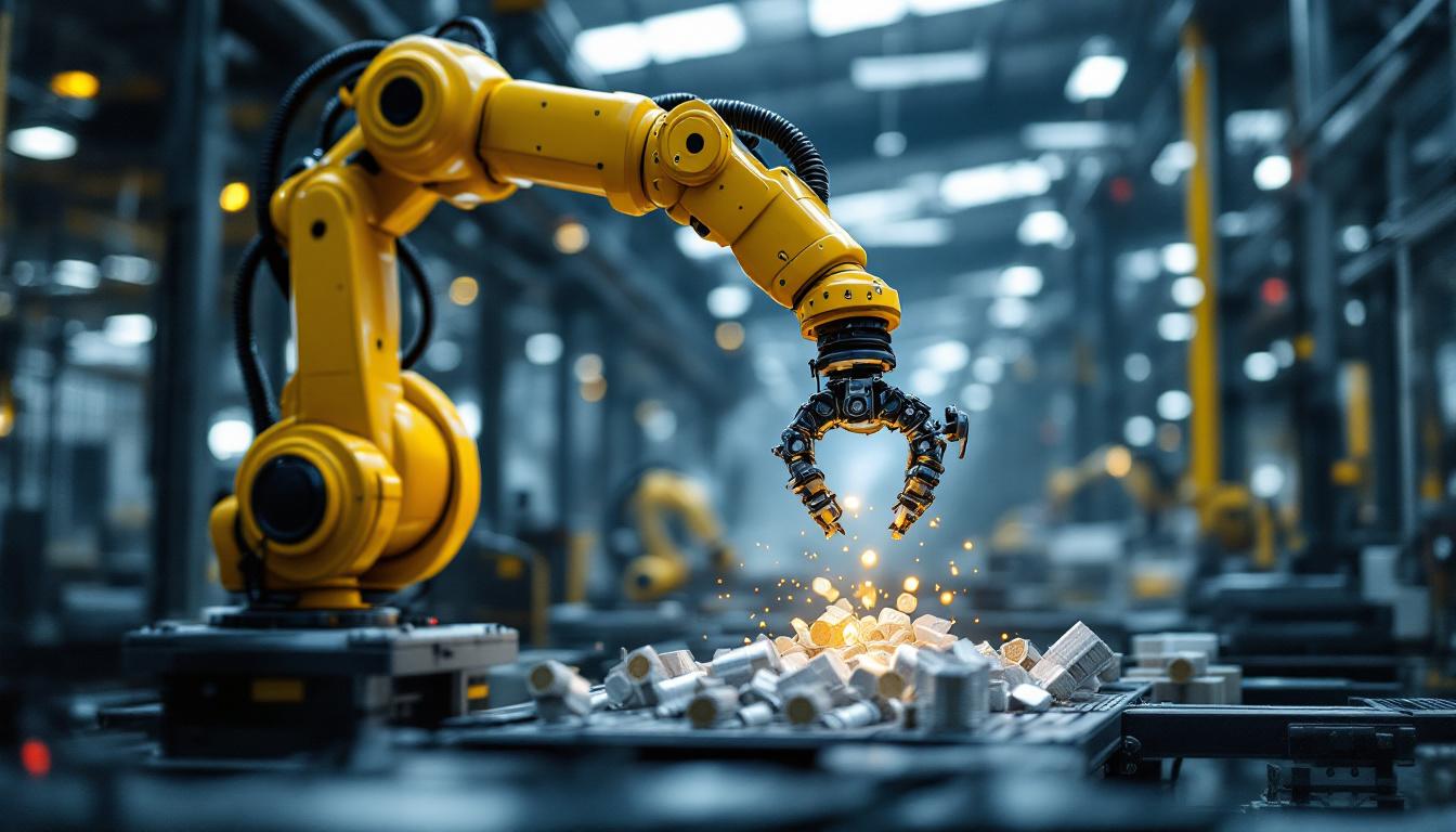 A photograph of a dynamic industrial setting showcasing a robotic arm in action