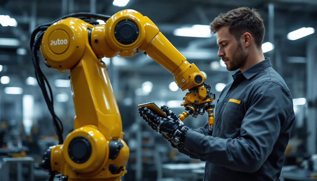 A photograph of a human interacting with a robotic arm in an industrial setting