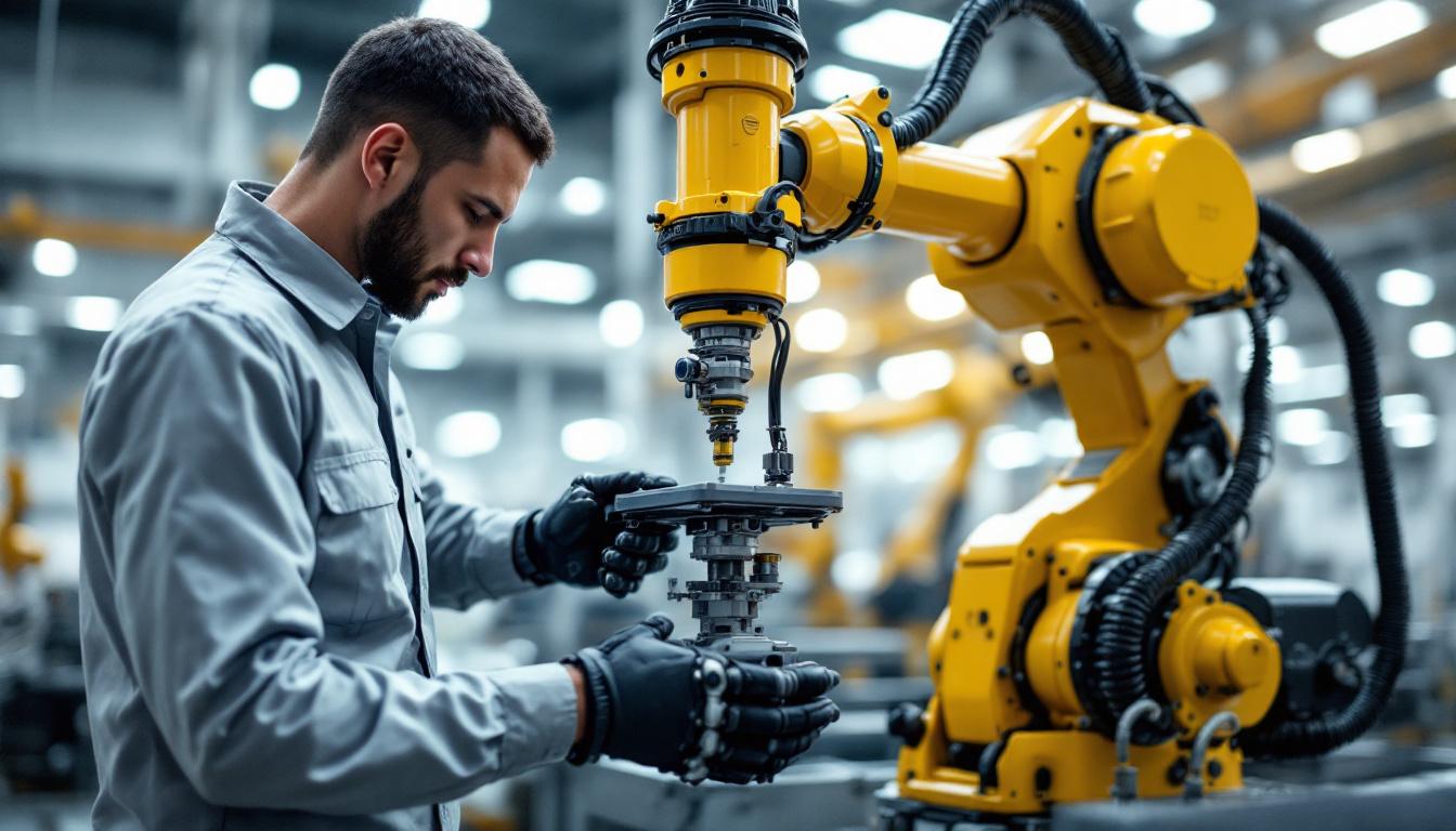 A photograph of a skilled operator adjusting the height settings on an industrial robot in a manufacturing setting