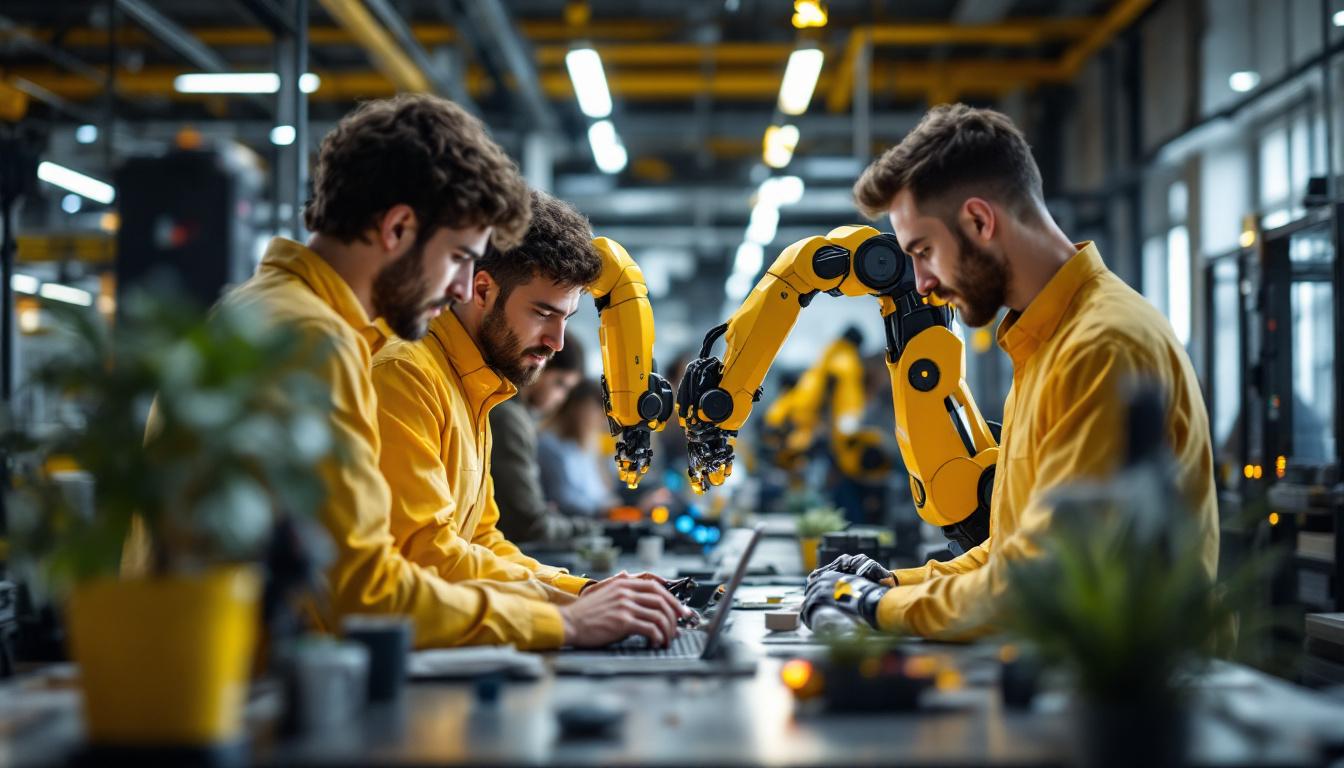 A photograph of a dynamic workspace where agile it professionals collaborate with industrial robots
