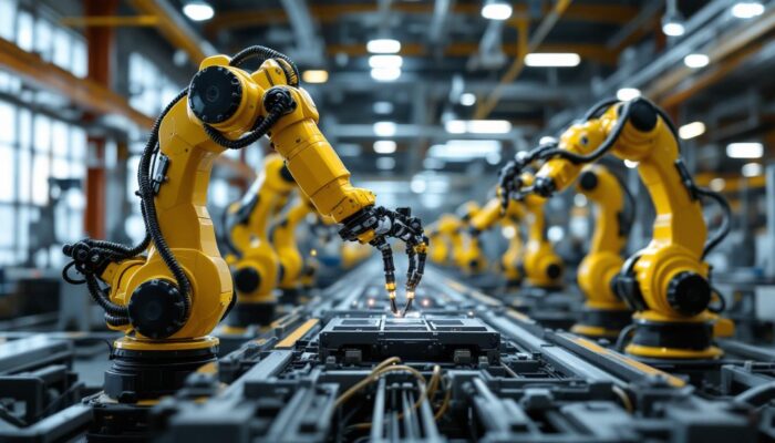 A photograph of a dynamic industrial setting featuring a learning bot and robotic arms in action
