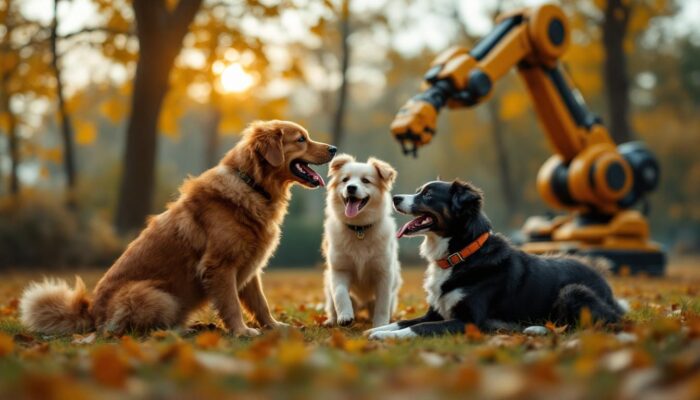 A photograph of a dynamic scene featuring a playful group of dogs in a park