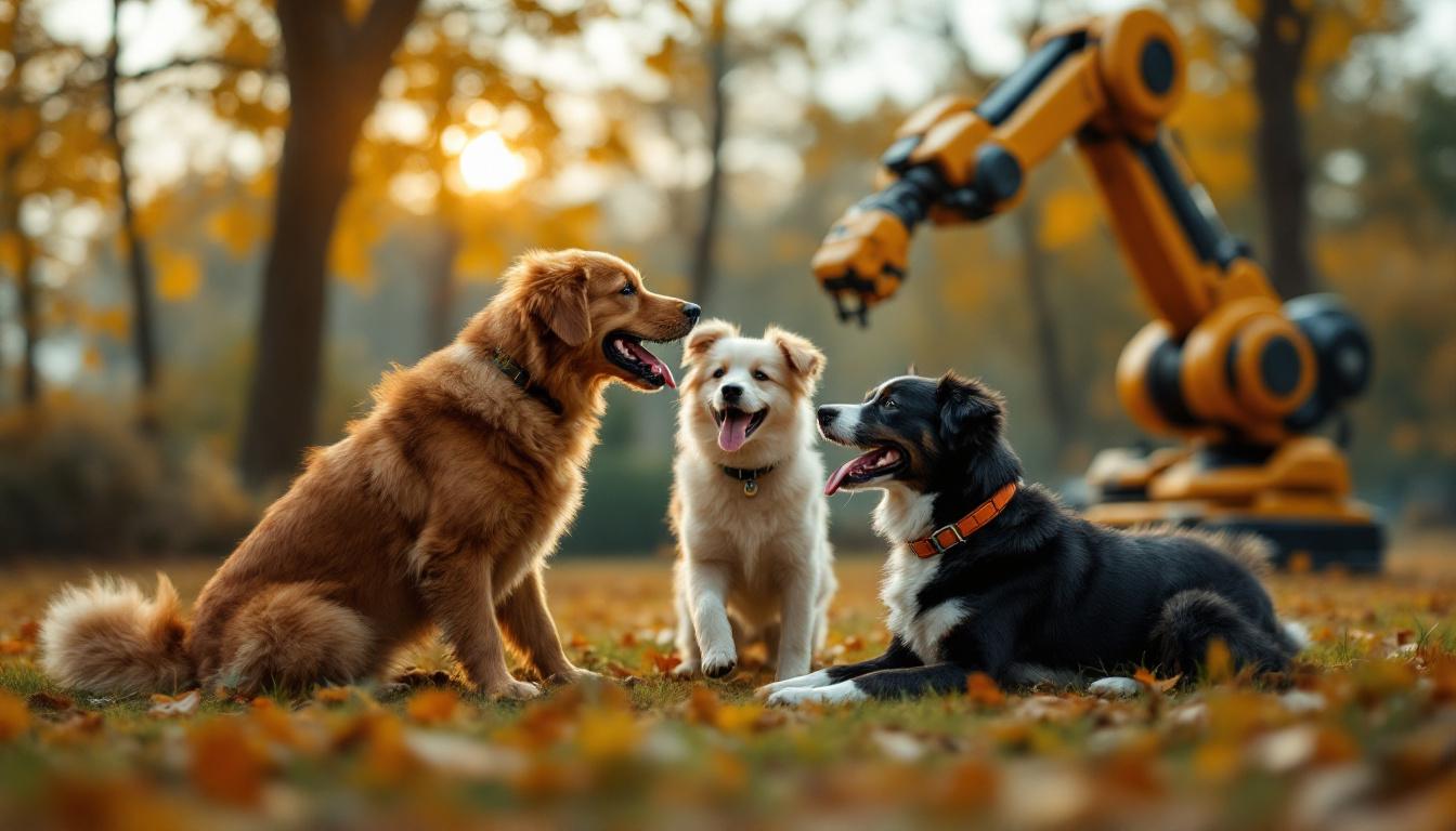 A photograph of a dynamic scene featuring a playful group of dogs in a park