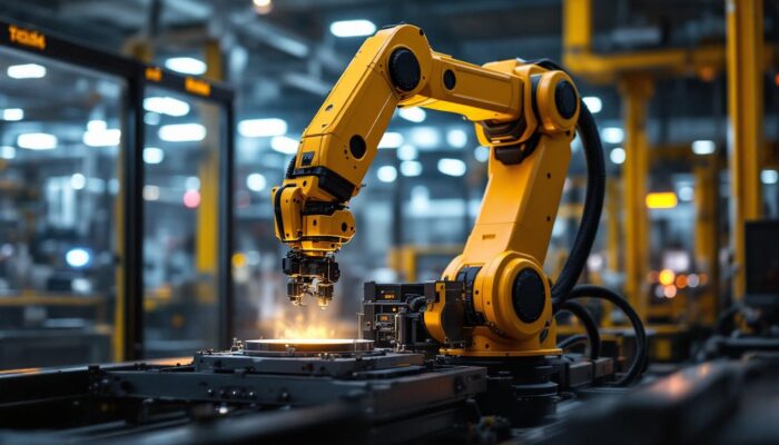 A photograph of a sleek industrial robotic arm in action