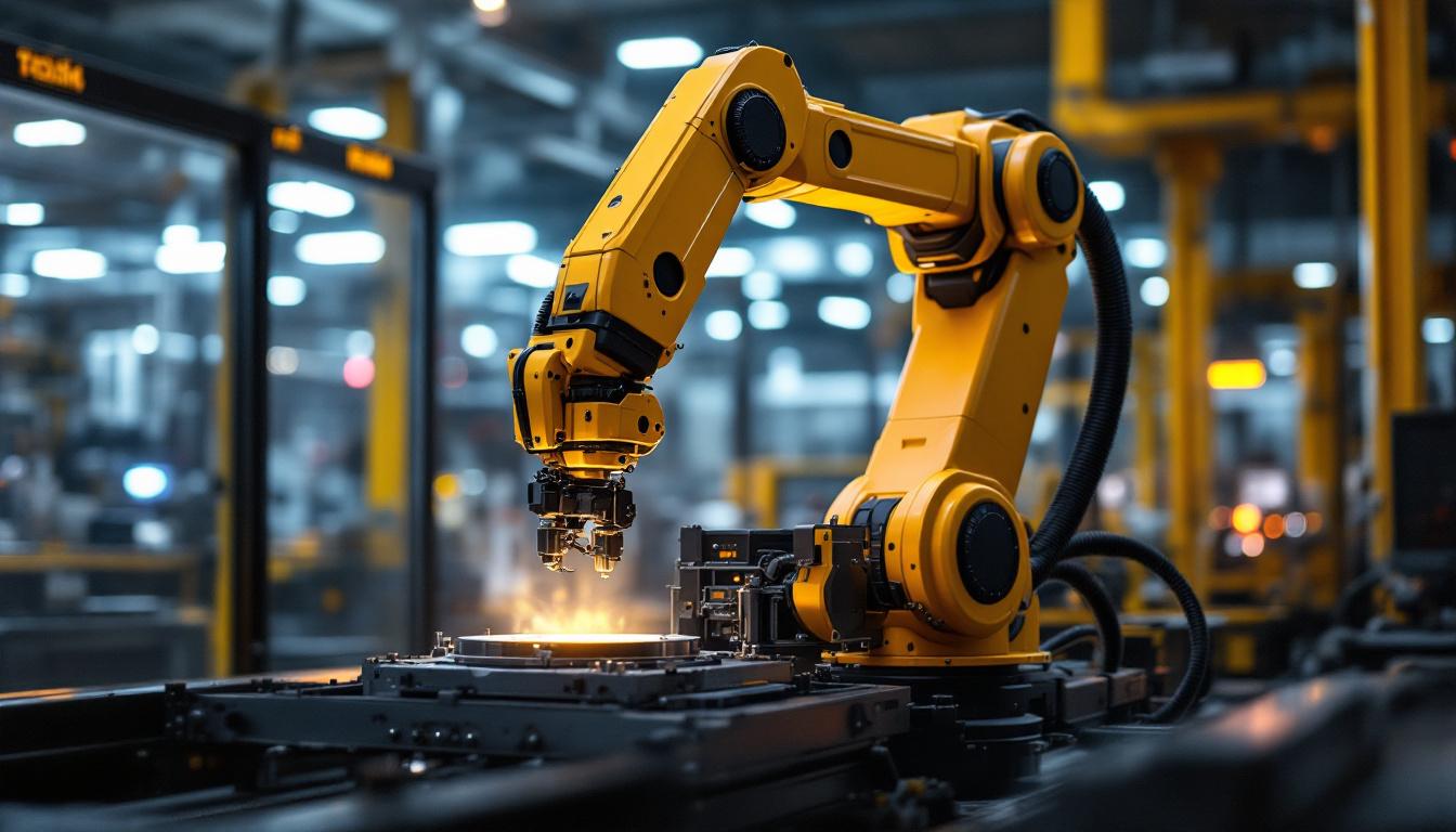 A photograph of a sleek industrial robotic arm in action