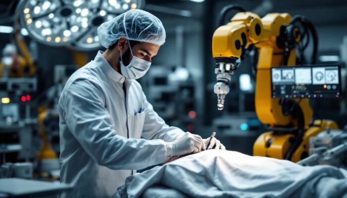 A photograph of a skilled technician performing train of four monitoring on a patient while an industrial robot operates in the background