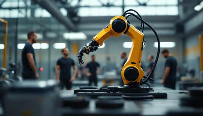 A photograph of a dynamic scene showcasing a robotic arm engaged in precise movements within a sports facility