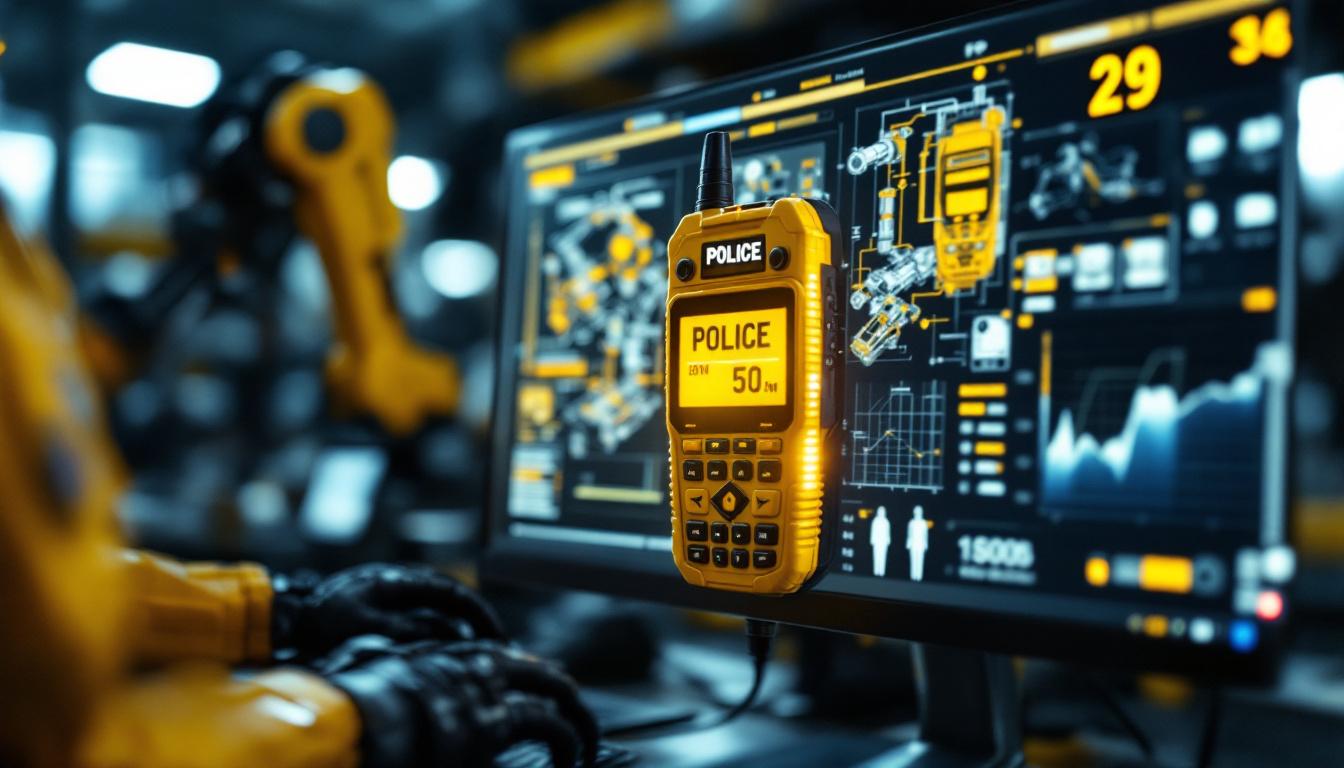 A photograph of a close-up of a police scanner device in use alongside a computer screen displaying industrial robotic schematics