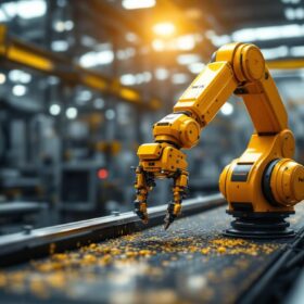 A photograph of a dynamic industrial setting featuring a dyna-mix robotic system in action