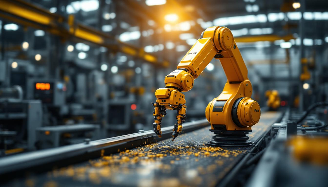 A photograph of a dynamic industrial setting featuring a dyna-mix robotic system in action