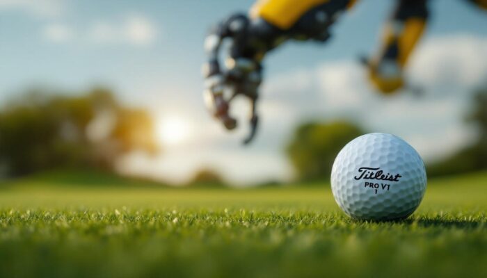 A photograph of a close-up shot of a titleist pro v1 golf ball on a pristine golf course