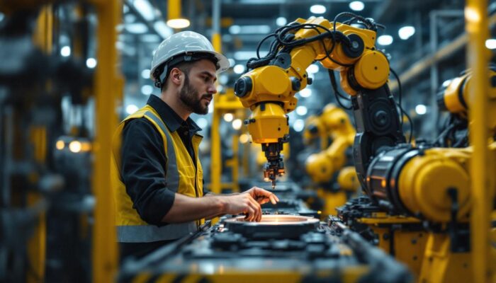 A photograph of a dynamic industrial setting featuring a skilled consultant interacting with advanced robotic machinery