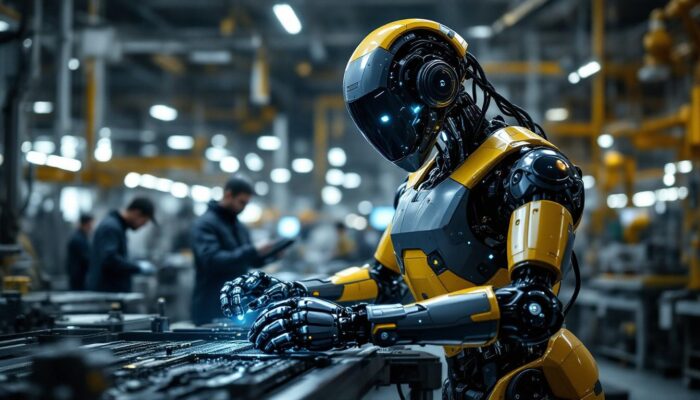 A photograph of a sleek industrial robot in action within a modern manufacturing facility