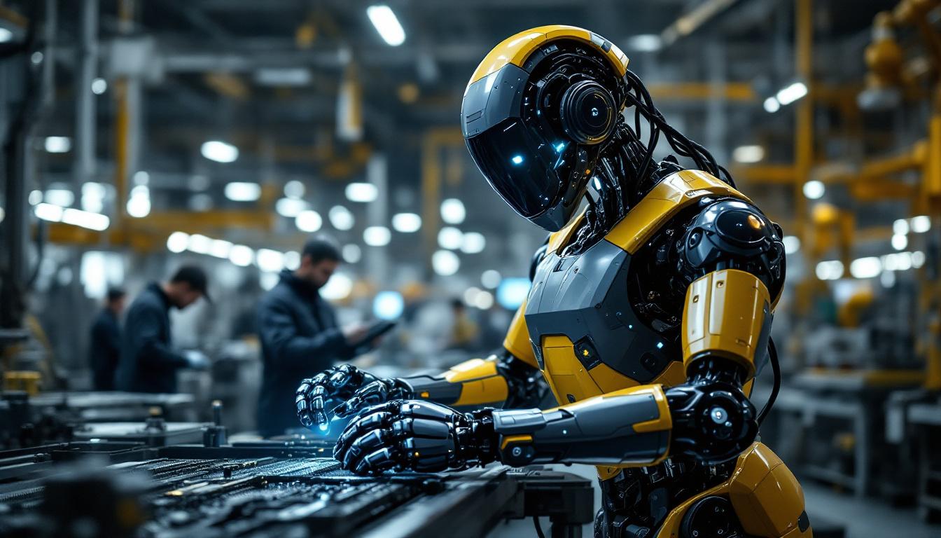A photograph of a sleek industrial robot in action within a modern manufacturing facility