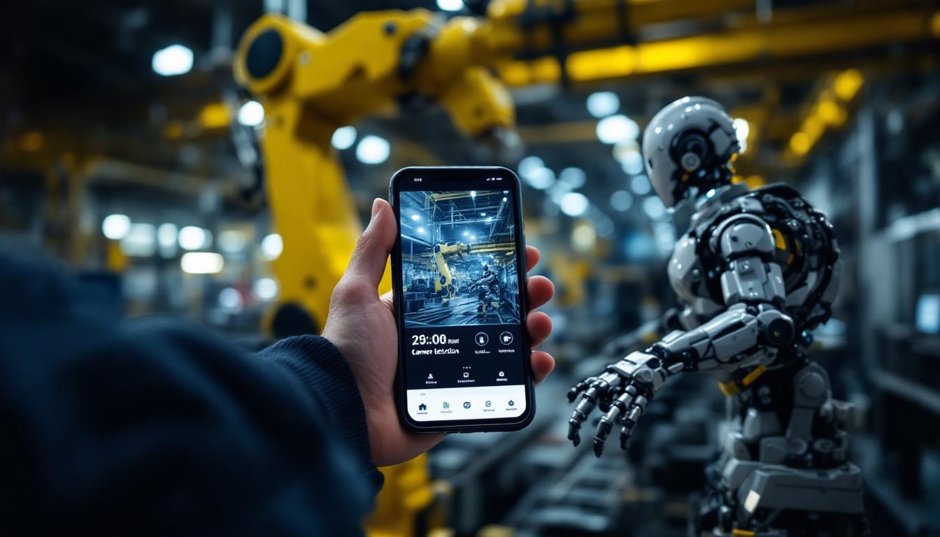 A photograph of capture a photograph of a smartphone displaying a camera detection app in action alongside an industrial robot