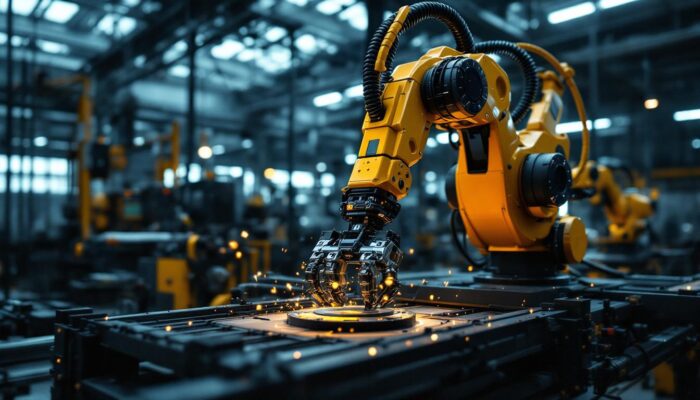 A photograph of a dynamic scene showcasing a modern industrial robot in action within a boston manufacturing facility
