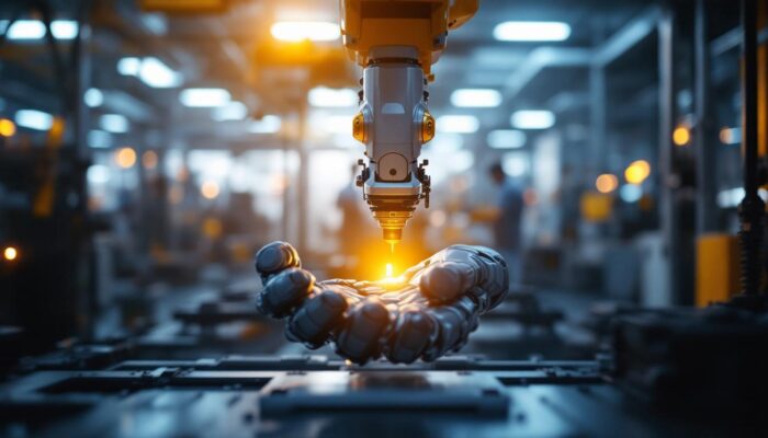 A photograph of a sophisticated industrial robot in action within a modern manufacturing setting