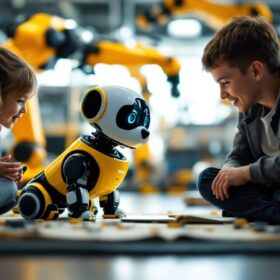 A photograph of capture a photograph of wowwee chip the robot dog interacting playfully with a child in a bright