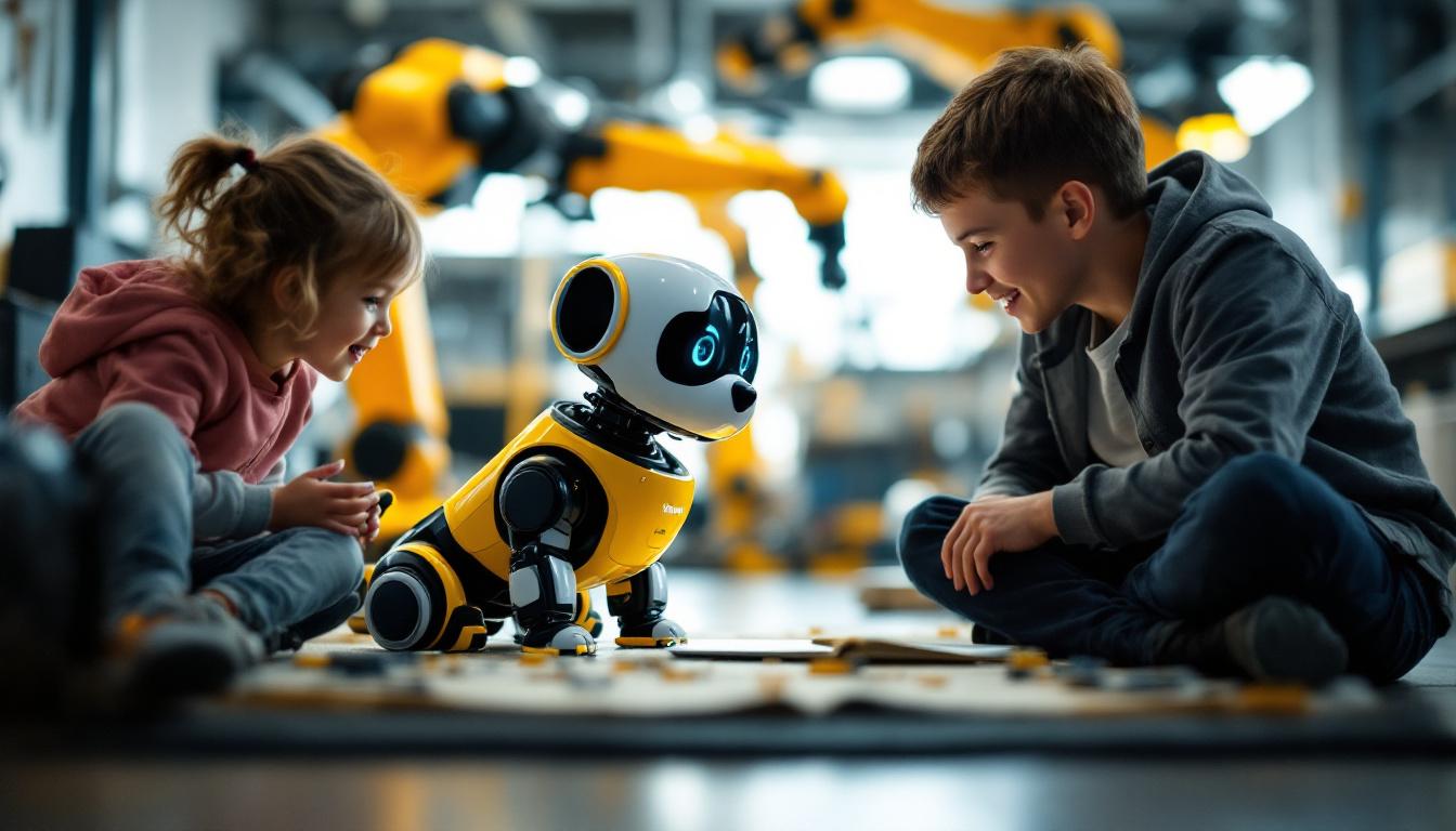 A photograph of capture a photograph of wowwee chip the robot dog interacting playfully with a child in a bright
