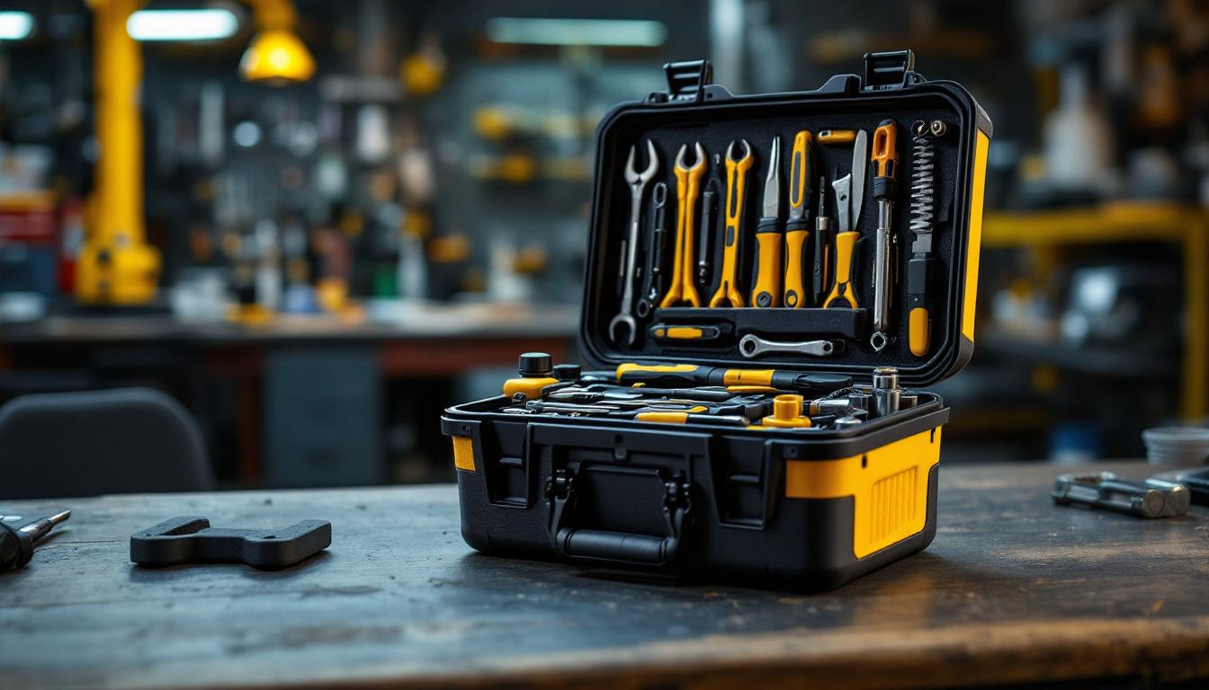 A photograph of a compact and organized mini tool box filled with essential tools for general and industrial robotics