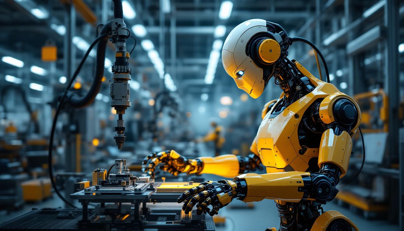A photograph of a sleek industrial robot in action within a modern manufacturing facility