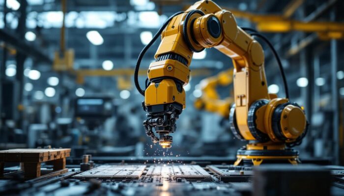 A photograph of a dynamic industrial setting featuring an advanced robotic arm in action