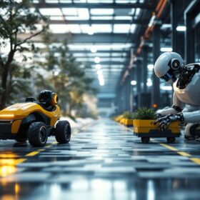 A photograph of a dynamic scene showcasing both a driving robot navigating an outdoor environment and an industrial robot performing a task in a factory setting