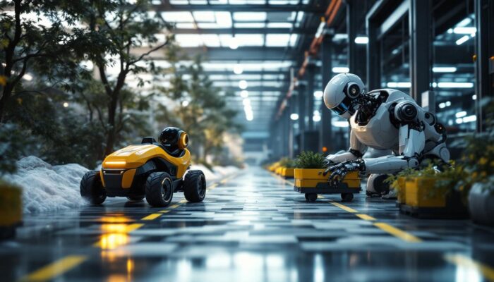A photograph of a dynamic scene showcasing both a driving robot navigating an outdoor environment and an industrial robot performing a task in a factory setting