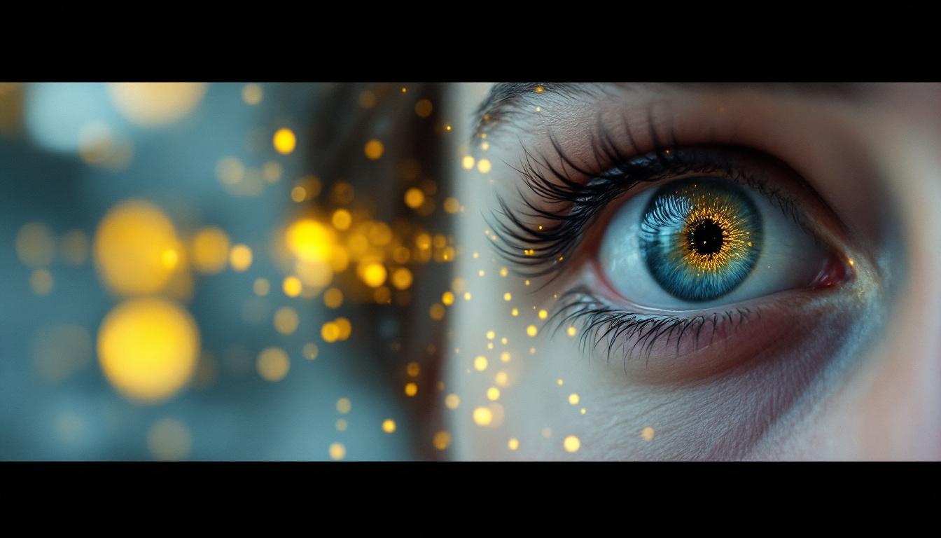 A photograph of a close-up of a person's eye with a subtle overlay of yellow dots or patterns to symbolize visual disturbances