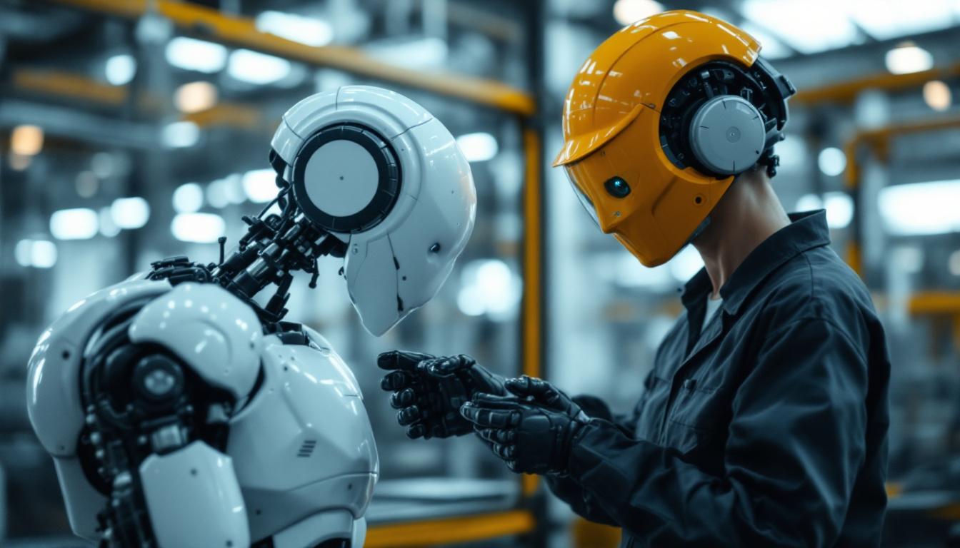 A photograph of a skilled technician working alongside an industrial robot in a modern manufacturing environment
