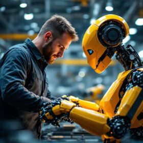 A photograph of a mechanical engineer working hands-on with an industrial robot in a modern workshop