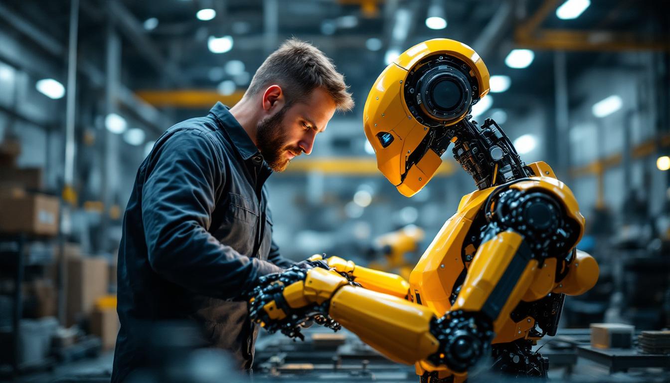 A photograph of a mechanical engineer working hands-on with an industrial robot in a modern workshop