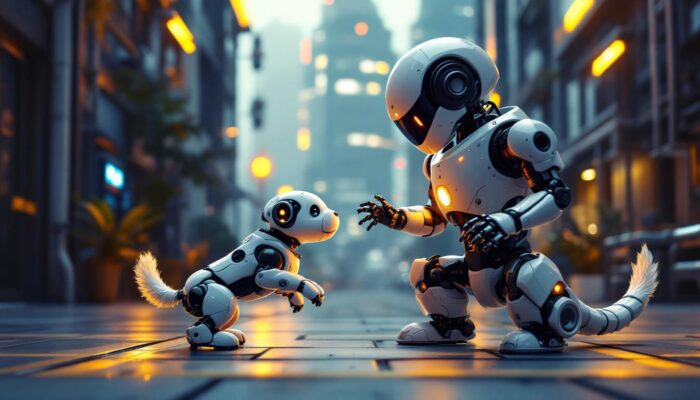 A photograph of a futuristic urban setting featuring a robotic dog playfully interacting with an industrial robot