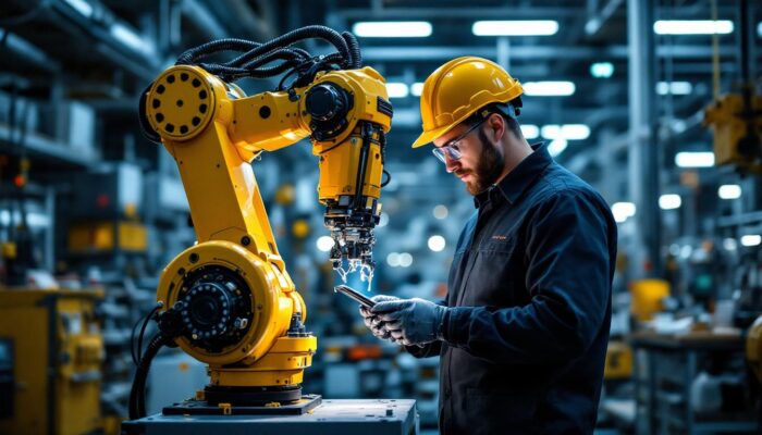A photograph of a skilled mechatronic engineer working on a robotic arm in a modern industrial setting