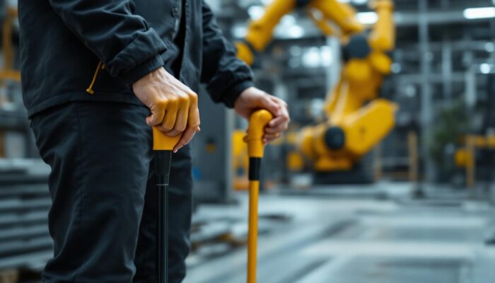 A photograph of a person confidently using a defensive walking cane in an urban setting