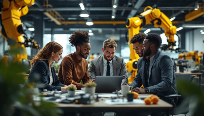 A photograph of capture a photograph of a diverse group of professionals collaborating in a modern office environment