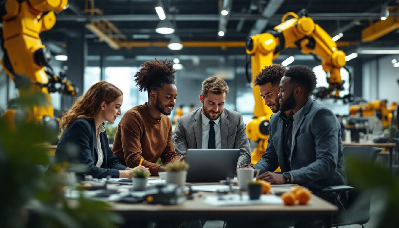 A photograph of capture a photograph of a diverse group of professionals collaborating in a modern office environment