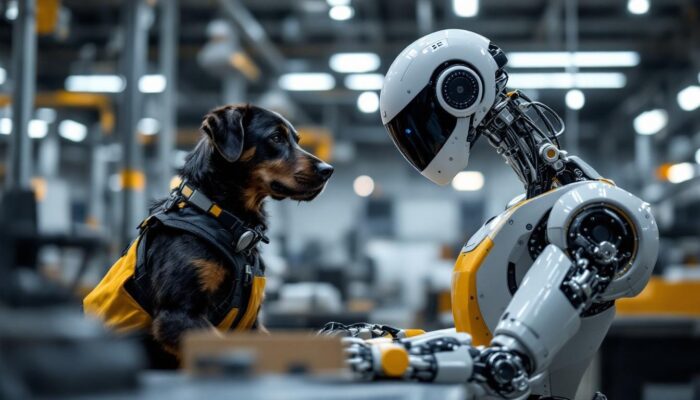 A photograph of a trained service dog assisting its handler in a workplace setting