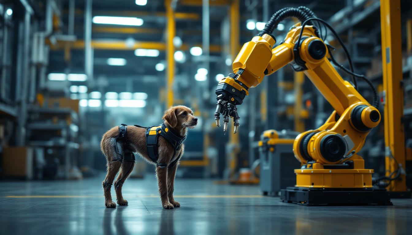 A photograph of a four-legged cane alongside an industrial robotic arm in a dynamic workspace