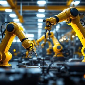 A photograph of a dynamic industrial setting showcasing energized robotic arms in action